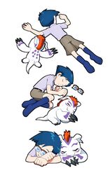  bandai_namco blue_hair claws cuddling digimon digimon_(species) duo eyewear feral glasses gomamon hair hi_res hsnkz809 human joe_kido male mammal red_hair sleeping 