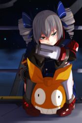  absurdres blush bronya_zaychik bronya_zaychik_(valkyrie_chariot) brown_footwear cloud cloudy_sky drill_hair female full_body grey_eyes grey_hair hair_between_eyes highres homu_(honkai_impact) honkai_(series) honkai_impact_3rd indoors night night_sky on_floor shoes shot_(shot0598) sitting sky solo star_(sky) twin_drills 