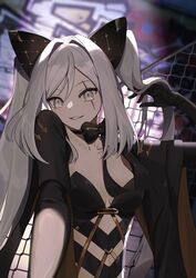  absurdres alchemy_stars arm_up asymmetrical_clothes black_gloves blurry blurry_background bow breasts choker cleavage clothing_cutout collarbone depth_of_field female gloves grey_eyes grey_hair grin highres long_hair looking_at_viewer pili_0 ribbon_choker scar scar_across_eye shrug_(clothing) sidelocks slit_pupils small_breasts smile smokey_(alchemy_stars) smokey_(imprisonment_of_greed)_(alchemy_stars) solo twintails upper_body wire_fence 