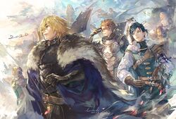  3boys 4girls armor belt black_hair blonde_hair blue_eyes brown_eyes brown_gloves cape catherine_(fire_emblem) closed_eyes commentary_request dark_skin dated dimitri_alexandre_blaiddyd dragon eyepatch feline felix_hugo_fraldarius fire_emblem fire_emblem:_three_houses flayn_(fire_emblem) from_side fur_trim gloves haruko_(haruhello) ingrid_brandl_galatea long_sleeves manly multiple_boys multiple_girls open_mouth parted_lips petals red_hair riding shamir_nevrand sheath sheathed short_hair signature sword sylvain_jose_gautier weapon wyvern 