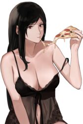  babydoll bare_shoulders black_hair breasts cleavage collarbone eating female final_fantasy final_fantasy_vii food highres italian_senate_porn_livestream_(meme) j@ck large_breasts long_hair looking_at_viewer meme navel pizza red_eyes see-through solo strap_slip swept_bangs tifa_lockhart 