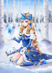  alternate_costume alternate_eye_color alternate_hair_color bare_shoulders bare_tree birch_tree blonde_hair blue_dress blue_eyes breasts cleavage dress female fur_trim hair_ornament highres hooves horns kneehighs league_of_legends long_hair looking_at_viewer mittens outdoors photoshop_(medium) pointy_ears poro_(league_of_legends) sidelocks single_horn sitting snowflake_print snowflakes snowing socks solo soraka_(league_of_legends) tree very_long_hair wariza winter winter_wonder_soraka yuu_ko 