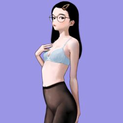  absurdres bad_id bad_pixiv_id black_hair blue_bra bra breasts cleavage commentary female glasses hair_ornament hand_on_own_chest high-waist_pantyhose highres hiramedousa long_hair looking_at_viewer original pantyhose round_eyewear simple_background solo underwear 