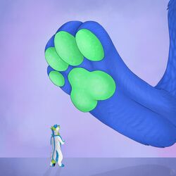  1:1 4_toes anthro ass blue_body blue_fur canid canine canis domestic_dog duo extreme_size_difference feet foot_fetish foot_focus foot_play fur green_body green_fur green_pawpads hi_res imminent_stomp kama male male/male mammal micro multicolored_body multicolored_fur pawpads paws puzzle raised_foot samuelwolfo signature size_difference soles solo_focus standing toes underfoot white_body white_fur wolf 