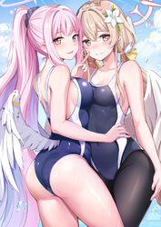  2girls ass asymmetrical_docking back black_one-piece_swimsuit black_pantyhose black_scrunchie blue_archive blue_one-piece_swimsuit blue_pupils blue_sky blush braid breast_press breasts cameltoe cleavage closed_mouth cloud collarbone commentary competition_school_swimsuit covered_navel crescent crown_braid day double-parted_bangs embarrassed emblem feathered_wings feet_out_of_frame flower from_side furrowed_brow groin hair_between_eyes hair_flower hair_ornament hair_ribbon hair_scrunchie halo hand_on_another&#039;s_hip hand_on_own_thigh hand_up high_ponytail highres konka large_breasts light_brown_hair long_hair looking_at_viewer looking_back low_twintails low_wings medium_breasts mika_(blue_archive) multiple_girls nagisa_(blue_archive) nose_blush official_alternate_costume one-piece_swimsuit outdoors pantyhose pantyhose_under_swimsuit parted_lips pink_flower pink_hair pink_halo pink_nails ponytail ribbon school_swimsuit scrunchie sideboob sidelocks sky smile standing swimsuit thighs trinity_general_school_swimsuit twintails v very_long_hair water_drop wet wet_clothes wet_swimsuit white_flower white_halo white_wings wing_hair_ornament wing_ornament wings wings_through_clothes yellow_eyes yellow_ribbon yuri 