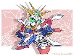  blue_eyes character_name chibi clenched_hand colored_sclera commentary dated english_commentary g_gundam god_gundam green_sclera gundam looking_up mecha mixed-language_commentary no_humans robot science_fiction sd_gundam shokkaa_(shmz61312) solo twitter_username v-fin 