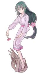  black_hair commentary_request female flower hair_flower hair_ornament highres japanese_clothes katanagatari kimono long_hair low-tied_long_hair motsi purple_eyes solo very_long_hair yasuri_nanami 