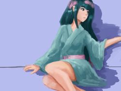  against_wall bad_link bare_legs female green_hair japanese_clothes katanagatari kimono long_hair low-tied_long_hair siaothe-sheep sitting solo very_long_hair yasuri_nanami 