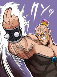  1boy arm_up armlet aura bald black_dress black_nails blonde_hair blue_brooch blue_eyes bowsette bowsette_(cosplay) brooch commentary cosplay crossdressing crown dragon_ball dragon_ball_z dress facial_hair grin hat highres jewelry leotard male_focus mario_(series) masakichi_(heppouku) motion_lines moustache muscular muscular_male nail_polish nappa new_super_mario_bros._u_deluxe purple_background scuffed simple_background smile solo spiked_armlet strapless strapless_leotard super_crown v-shaped_eyebrows veins 