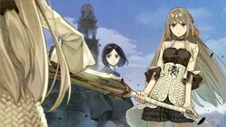  3girls atelier_(series) atelier_ayesha black_hair brown_eyes brown_hair choker cloak dress game_cg half_updo hidari_(left_side) highres huge_weapon lace-trimmed_sleeves lace_trim linca_(atelier) linca_(eighth)_(atelier) long_hair marion_quinn multiple_girls official_art serious shawl short_hair skirt sword towel weapon wind 