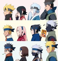  3girls 6+boys adjusting_eyewear age_progression ahoge black_hair blonde_hair blue_hair brown_hair column_lineup commentary_request eighth_note facial_mark forehead_protector glasses goggles half_mask hatake_kakashi highres mask mitsuki_(naruto) multiple_boys multiple_girls musical_note namikaze_minato naruto naruto_(series) nohara_rin pink_hair sakura_haruno sarutobi_konohamaru smile spiked_hair twig uchiha_obito uchiha_sarada uchiha_sasuke uzumaki_boruto uzumaki_naruto weapon weapon_on_back whisker_markings yumekoi_(cc123159) 