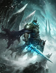  1boy armor arthas_menethil frostmourne full_armor highres lich_king male_focus photoshop_(medium) snow sword warcraft weapon white_hair world_of_warcraft 