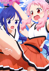  2girls absurdres anima_yell! arima_hizume armpits arms_up bike_shorts blue_eyes blue_hair blue_sky blush bow breasts cheerleader cloud collarbone day fence fingernails hairbow hand_on_another&#039;s_back hand_on_another&#039;s_leg hatoya_kohane highres leg_lift magazine_scan medium_breasts megami_magazine miniskirt multiple_girls official_art open_mouth orange_shirt orange_shorts orange_skirt outdoors pink_hair pleated_skirt pom_pom_(cheerleading) ponytail print_shirt print_skirt red_eyes scan shirt shorts skirt sky sleeveless sleeveless_shirt striped striped_bow surprised sweat tongue watanabe_mai wavy_mouth 