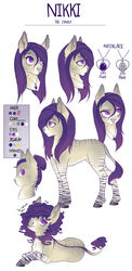  2017 absurd_res asinus collar digital_media_(artwork) donkey english_text equid equine evehly eye_bags fan_character female feral hair hasbro hi_res hybrid jewelry mammal model_sheet my_little_pony necklace nikki_(evehly) piercing purple_eyes purple_hair side_view simple_background solo stripes text zebra zebroid zonkey 