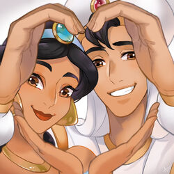  1boy aladdin_(character) aladdin_(disney) ano_(sbee) black_hair brown_eyes close-up commentary_request couple dark-skinned_male dark_skin diadem earrings eyelashes female fingernails grey_background hands happy hat heart heart_hands heart_hands_duo jasmine_(disney) jewelry lipstick long_hair long_sleeves looking_at_viewer makeup necklace shirt simple_background smile standing straight white_shirt 