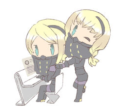  2girls android blonde_hair blue_eyes boots braid chibi facial_mask high_heel_boots high_heels multiple_girls nier_(series) nier_automata operator_21o operator_6o twin_braids wink 