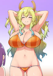  1boy arms_behind_head ass_visible_through_thighs bikini blonde_hair blush breasts cleavage closed_eyes female gradient_background highres horns itou_yuuji kobayashi-san_chi_no_maidragon large_breasts long_hair lucoa_(maidragon) magatsuchi_shouta navel purple_hair smile striped_bikini striped_clothes swimsuit 