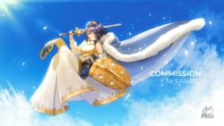  absurdres acrylicstroke bare_shoulders blue_sky breasts cloak cloud commission cosplay detached_sleeves dress female fire_emblem fire_emblem_awakening floating full_body gold highres holding holding_shield holding_sword holding_weapon light_blush light_smile long_dress long_sleeves lucina_(fire_emblem) lucina_(fire_emblem)_(cosplay) morgan_(female)_(fire_emblem) morgan_(fire_emblem) shield sky solo sunlight sword tiara weapon white_dress white_sleeves 