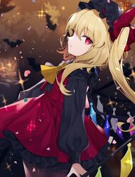  absurdres alternate_color ascot bad_id bad_twitter_id bat_(animal) black_hat black_pantyhose black_shirt blonde_hair bow cowboy_shot daimaou_ruaeru english_commentary female flandre_scarlet from_side hat hat_bow heart highres long_hair long_sleeves looking_at_viewer mob_cap pantyhose red_bow red_eyes red_nails red_skirt red_vest shirt side_ponytail skirt solo sparkle thighband_pantyhose touhou vest yellow_ascot 