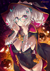  aqua_nails artist_name bandaged_arm bandages blush breasts cape cleavage commentary_request female glasses hair_ornament hairclip halloween_costume hat highres holding holding_removed_eyewear large_breasts leotard nail_polish original pumpkin red_eyes short_twintails sidelocks solo standing super_zombie twintails unworn_eyewear wavy_mouth white_hair white_legwear witch_hat 