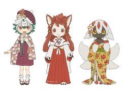  3girls animal_ears artist_name bad_id bad_twitter_id bell black_skin blush closed_mouth colored_skin faputa flower full_body green_hair hair_bell hair_flower hair_ornament japanese_clothes kawasemi27 long_hair long_sleeves looking_at_viewer made_in_abyss meinya_(made_in_abyss) messy_hair miko mitty_(made_in_abyss)_(furry) multicolored_hair multiple_girls multiple_tails narehate open_mouth prushka red_eyes red_hair red_skirt sandals short_hair skirt smile socks tail twitter_username whiskers white_hair white_legwear zouri 