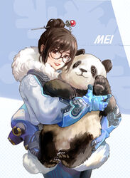  achyue animal blue_gloves blush brown-framed_eyewear brown_eyes brown_hair character_name commentary english_text female fur_trim glasses gloves hair_ornament hairpin mei_(overwatch) overwatch overwatch_1 panda parted_lips smile symbol-only_commentary winter_clothes 