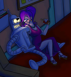  bender_bending_rodr&iacute;guez bottle breasts clothing comedy_central container cyclops dress duo female futurama hair humanoid inside lips machine male male/female missuspatches not_furry on_ground purple_hair robot turanga_leela 