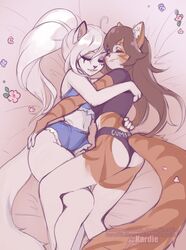  2020 anthro bra clothed clothing cuddling digital_media_(artwork) duo eyebrows eyelashes felid feline female hair hi_res jupiter_(snowweaver) kardie mammal midriff navel panties smile text text_on_clothing text_on_panties text_on_underwear underwear white_hair 