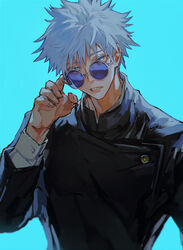  1boy black_jacket blue_background blue_eyes gojou_satoru hand_up highres jacket jhm_xyz jujutsu_kaisen jujutsu_tech_uniform long_sleeves male_focus open_mouth round_eyewear school_uniform short_hair simple_background solo sunglasses teeth twitter_username upper_body white_hair 