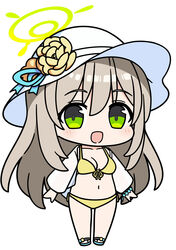  :d bell_(oppore_coppore) bikini blue_archive blue_footwear blush breasts brown_hair chibi collarbone commentary female flower front-tie_bikini_top front-tie_top full_body green_eyes hair_between_eyes halo hat hat_flower jacket long_sleeves medium_breasts navel nonomi_(blue_archive) nonomi_(swimsuit)_(blue_archive) official_alternate_costume open_clothes open_jacket sandals see-through simple_background smile solo standing stomach sun_hat swimsuit white_background white_hat white_jacket yellow_bikini yellow_flower 