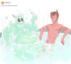  2boys bara bathing bathtub big_belly bubble colored_skin damien_lavey_(monster_prom) demon_boy doug_(monster_prom) fat fat_man green_skin highres male_focus monster_boy monster_prom multiple_boys nifast_(greentail) nipples nude object_through_head pale_color pectorals red_skin same-sex_bathing see-through shared_bathing short_shorts shorts slime_boy sword_in_head tareme toned toned_male 