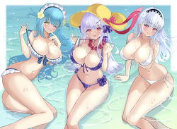  3girls absurdres alternate_breast_size alternate_costume azur_lane bikini blue_hair bow bow_bikini breasts cleavage commentary cygnet_(azur_lane) cygnet_(sea_star_on_shore)_(azur_lane) dido_(azur_lane) feet_out_of_frame frilled_bikini frills hat highres huge_breasts kisahipi light_blue_hair long_hair looking_at_viewer multiple_girls neptune_(azur_lane) official_alternate_costume plaid plaid_bikini pulling_own_clothes purple_bikini purple_bow purple_eyes strap_pull straw_hat sun_hat swimsuit wading water white_bikini yellow_eyes 