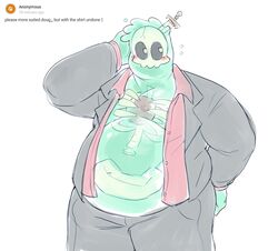  1boy alternate_costume bara big_belly colored_skin cowboy_shot doug_(monster_prom) english_text fat fat_man flying_sweatdrops green_skin highres looking_to_the_side male_focus monster_boy monster_prom nifast_(greentail) object_through_head open_clothes open_shirt pale_color see-through short_shorts shorts slime_boy solo suit sword_in_head tareme 