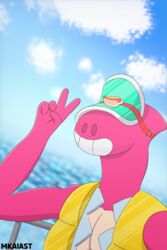  2:3 absurd_res anthro blurred_background brawl_stars clothed clothing dinosaur doug_(brawl_stars) extinct fence hi_res life_jacket male mkaiast muscular pink_body pink_skin prehistoric_species reptile scalie sea selfie sky solo supercell_(company) visor water 