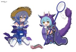  2girls blue_hair blue_kimono blue_mouth bridal_gauntlets butterfly_net caterpillar dragon_girl dragon_horns dragon_tail duel_monster full_body gloves grey_hair hand_net hat horns japanese_clothes jetihyeon kimono laundry_dragonmaid looking_at_animal maid multiple_girls needle_worm signature smile straw_hat tail tearlaments_merrli wa_maid white_background yellow_eyes yu-gi-oh! 