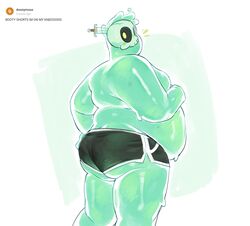  1boy ass bara big_belly colored_skin dolphin_shorts doug_(monster_prom) english_text fat fat_man feet_out_of_frame from_side green_skin green_theme highres looking_at_viewer male_focus micro_shorts monster_boy monster_prom nifast_(greentail) notice_lines object_through_head pectorals see-through short_shorts shorts slime_boy solo standing sweat sword_in_head tareme topless_male 