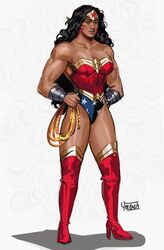  absurdres bare_shoulders black_hair blue_eyes boots bracer breasts cleavage dc_comics earrings female high_heel_boots high_heels highres holding_lasso jewelry large_breasts lasso lasso_of_truth leotard long_hair looking_at_viewer muscular muscular_female red_footwear simple_background smile solo star_(symbol) star_earrings thighs tiara weapon wonder_woman yen_(yenyenyen19) 