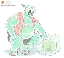  1boy bara big_belly colored_skin cube doug_(monster_prom) fat fat_man green_skin highres male_focus manboobs monster_boy monster_prom nifast_(greentail) object_through_head pale_color poking see-through short_shorts shorts slime_boy slippers solo squatting sword_in_head tareme 