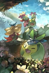  bandana blue_bandana blue_sky flower gossifleur maractus no_humans one_eye_closed open_mouth outdoors plant plant_monster pokemon pokemon_(creature) pokemon_mystery_dungeon red_bandana red_flower sky swadloon yamaori_(hakkentai_pokedan) yellow_flower 