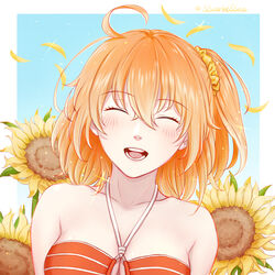  :d ^_^ ahoge bare_shoulders bikini blush breasts cleavage closed_eyes collarbone deepseaeidolon facing_viewer falling_petals fate/grand_order fate_(series) female floral_background flower fujimaru_ritsuka_(female) fujimaru_ritsuka_(female)_(brilliant_summer) hair_between_eyes hair_ornament hair_scrunchie halterneck long_hair medium_breasts official_alternate_costume open_mouth orange_bikini orange_hair petals scrunchie side_ponytail smile solo striped_bikini striped_clothes sunflower swimsuit upper_body yellow_flower yellow_petals yellow_scrunchie 