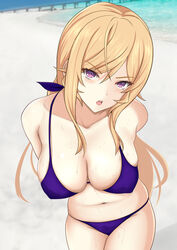  absurdres arms_behind_back baji_toufuu_(bajitohfu) bare_shoulders beach bikini blonde_hair blush breasts collarbone commentary_request female highres large_breasts leaning_forward long_hair looking_at_viewer nakiri_erina navel ocean open_mouth paid_reward_available purple_bikini purple_eyes sand shokugeki_no_souma sidelocks skindentation solo stomach swimsuit teeth upper_teeth_only v-shaped_eyebrows wet 