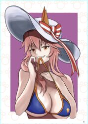  animal_ear_fluff animal_ears auglish bikini blue_bikini breasts cleavage comiket_100 ears_through_headwear fate/grand_order fate_(series) female fox_ears fox_girl hat hat_ribbon holding large_breasts long_hair pink_hair ribbon side-tie_bikini_bottom solo sun_hat swimsuit tamamo_(fate) tamamo_no_mae_(swimsuit_lancer)_(fate) tamamo_no_mae_(swimsuit_lancer)_(third_ascension)_(fate) upper_body white_hat 