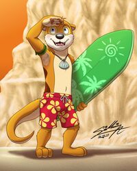  4:5 anthro beach clothing floral_print hi_res jewelry male mammal mustelid necklace otter red_clothing red_swimming_trunks red_swimwear sagadreams sand seashell seaside shell shell_necklace solo surfboard swimming_trunks swimwear 