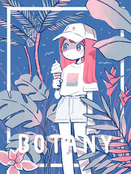  bangs baseball_cap blue_background blush english_text female flower food hat high-waist_shorts highres holding holding_food ice_cream ice_cream_cone keke_(kotowari) leaf long_hair original pink_hair plant shirt shirt_tucked_in short_sleeves shorts simple_background solo t-shirt white_headwear 