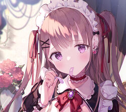  amulet bandaid black_bow black_dress blush bow bowtie brown_hair candle choker closed_mouth collar commentary_request dengeki_moeou dress earrings female flower frilled_choker frilled_collar frills hair_ornament hair_ribbon hairclip hand_up holding_bandaid jewelry kappe_reeka leaf long_hair looking_at_viewer maid maid_headdress mouth_hold nail_polish original portrait purple_eyes red_bow red_bowtie red_choker red_flower red_ribbon ribbon shade solo two_side_up vase wrist_cuffs 