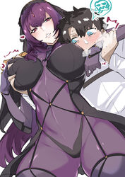  1boy absurdres armor asphyxiation ass_visible_through_thighs assertive_female blue_eyes blush bodysuit breasts brown_hair chaldea_uniform fate/grand_order fate_(series) female fujimaru_ritsuka_(male) grabbing grabbing_another&#039;s_breast guided_breast_grab guiding_hand headlock heart highres holding_another&#039;s_wrist large_breasts leotard long_hair mogi_yasunobu parted_lips pauldrons purple_bodysuit purple_hair purple_leotard red_eyes scathach_(fate) shoulder_armor spoken_skull straight tearing_up very_long_hair 