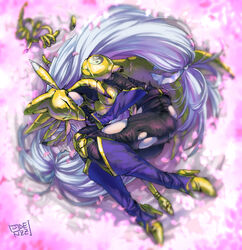  animal_ears armor belt black_belt black_bodysuit bodysuit breastplate breasts broken broken_weapon cherry_blossoms closed_mouth commentary_request covered_eyes cracked_mask detached_sleeves digimon digimon_(creature) falling_petals female fox_mask full_body gloves high_heels holding holding_staff knee_pads large_breasts long_hair low-tied_long_hair low_twintails lying mask oden_(odenzzi) on_side petals purple_sleeves sakuyamon shoulder_armor signature solo staff stirrup_legwear toeless_legwear torn_bodysuit torn_clothes twintails very_long_hair weapon white_hair yellow_armor yellow_footwear yin_yang yin_yang_print 