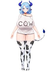  absurdres animal_ears animal_print arms_at_sides asymmetrical_bangs bell blue_eyes blue_hair blue_horns blue_pupils blush breasts bright_pupils closed_mouth collar collarbone cow_ears cow_girl cow_print cow_tail cream_cod dot_nose english_text female full_body highres horn_ornament horns huge_breasts indie_virtual_youtuber light_blue_hair lips looking_at_viewer miilkywayz mole mole_under_eye mole_under_mouth neck_bell off_shoulder official_art shirt short_sleeves simple_background solo standing star-shaped_pupils star_(symbol) straight-on symbol-shaped_pupils tachi-e tail tareme taut_clothes taut_shirt thighhighs virtual_youtuber white_background white_shirt wide_hips 