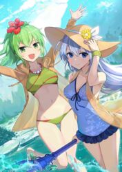  2girls :d alternate_costume arms_up bare_legs barefoot bead_necklace beads bikini blue_hair blue_one-piece_swimsuit brown_jacket covered_navel duel_monster eria_(yu-gi-oh!) eria_the_water_charmer flower green_bikini green_eyes green_hair groin hair_flower hair_ornament hat hat_ribbon highres holding holding_staff hsin jacket jewelry long_hair looking_at_viewer multiple_girls navel necklace one-piece_swimsuit open_clothes open_jacket open_mouth outdoors ponytail red_flower ribbon short_hair smile staff stomach sun_hat swimsuit thighs wading water white_ribbon wynn_(yu-gi-oh!) wynn_the_wind_charmer yu-gi-oh! 