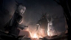  1boy 2girls animal_ears antlers arknights bare_tree black_jacket bowl campfire deer_antlers deer_skull dragon_horns frostnova_(arknights) grey_hair hair_over_one_eye holding horns jacket long_hair medium_hair miniskirt multiple_girls night official_art open_mouth outdoors patriot_(arknights) profile rabbit_ears sitting skirt spoilers squatting talulah_(arknights) talulah_the_fighter_(arknights) tree 